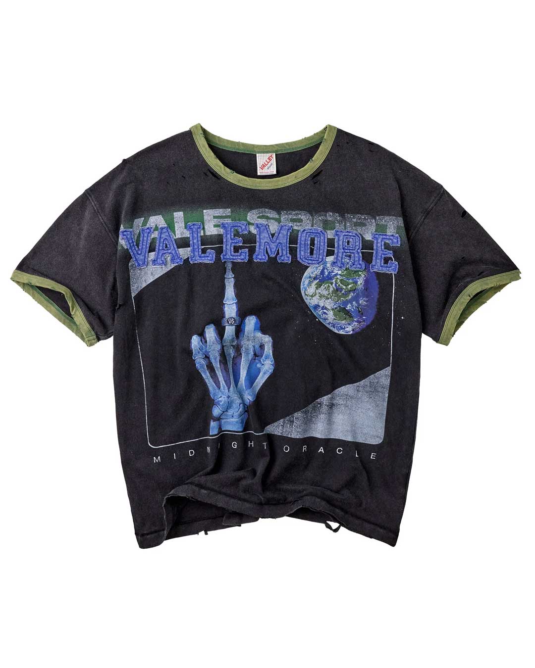 Vale Forever X-Ray Tee black, washed cotton ringer tee with olive trim and a chenille Valemore X-ray hand graphic, front view