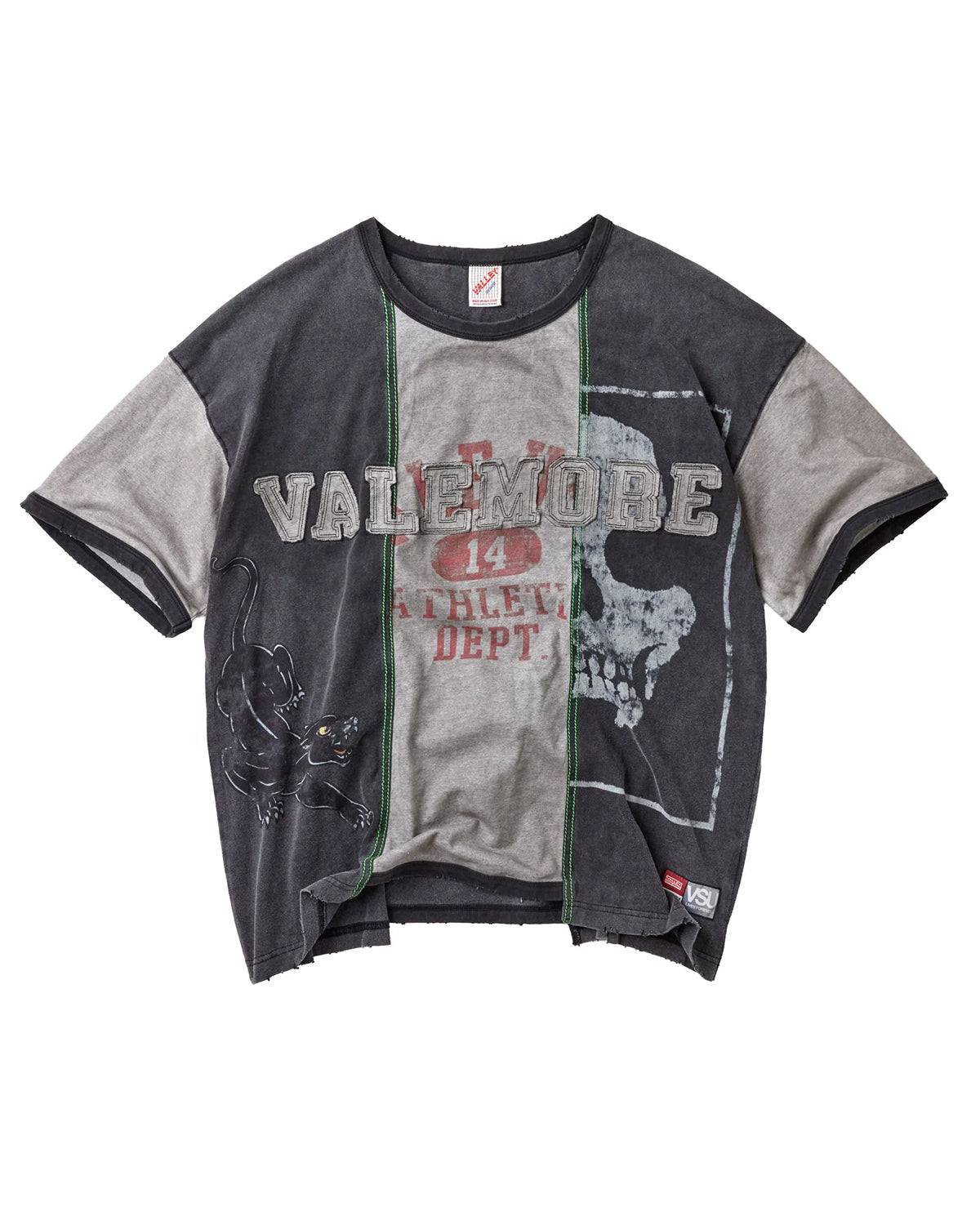 Vale Forever Zombie Tee black and grey, split-panel tee with distressed Vale lettering and skull graphic, front view