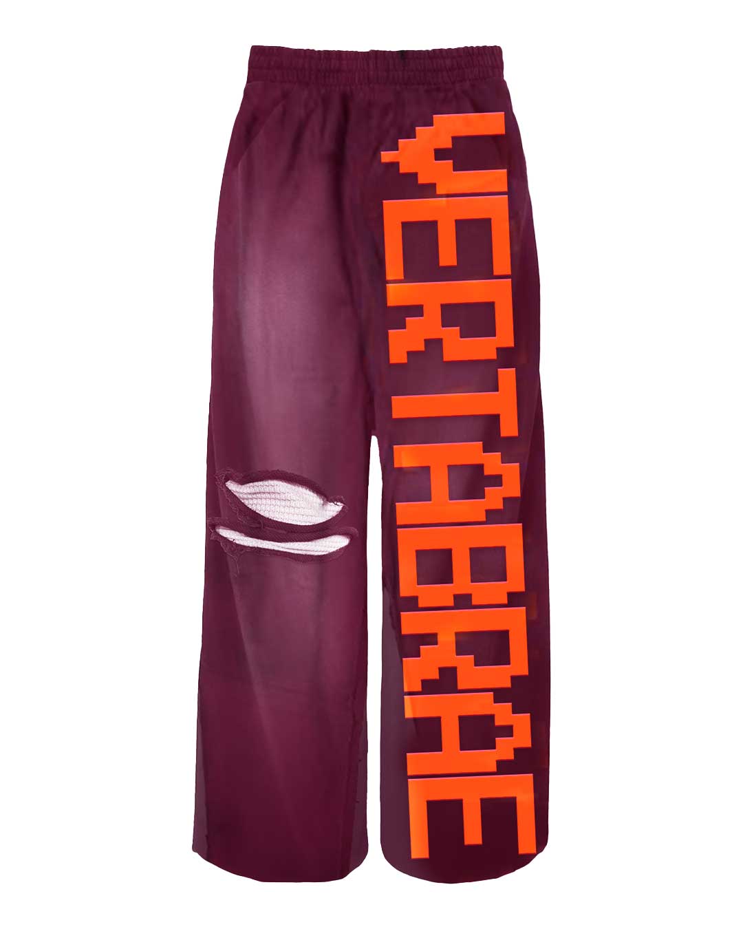 Vertabrae C-2.0 Burgundy Sweatpants, faded burgundy sweatpants with orange pixel-block leg lettering and knee slash, front view