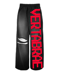 Vertabrae C-2.0 Sweatpants Black/Red, faded black baggy sweatpants with red pixel-block leg lettering and knee slash, front view