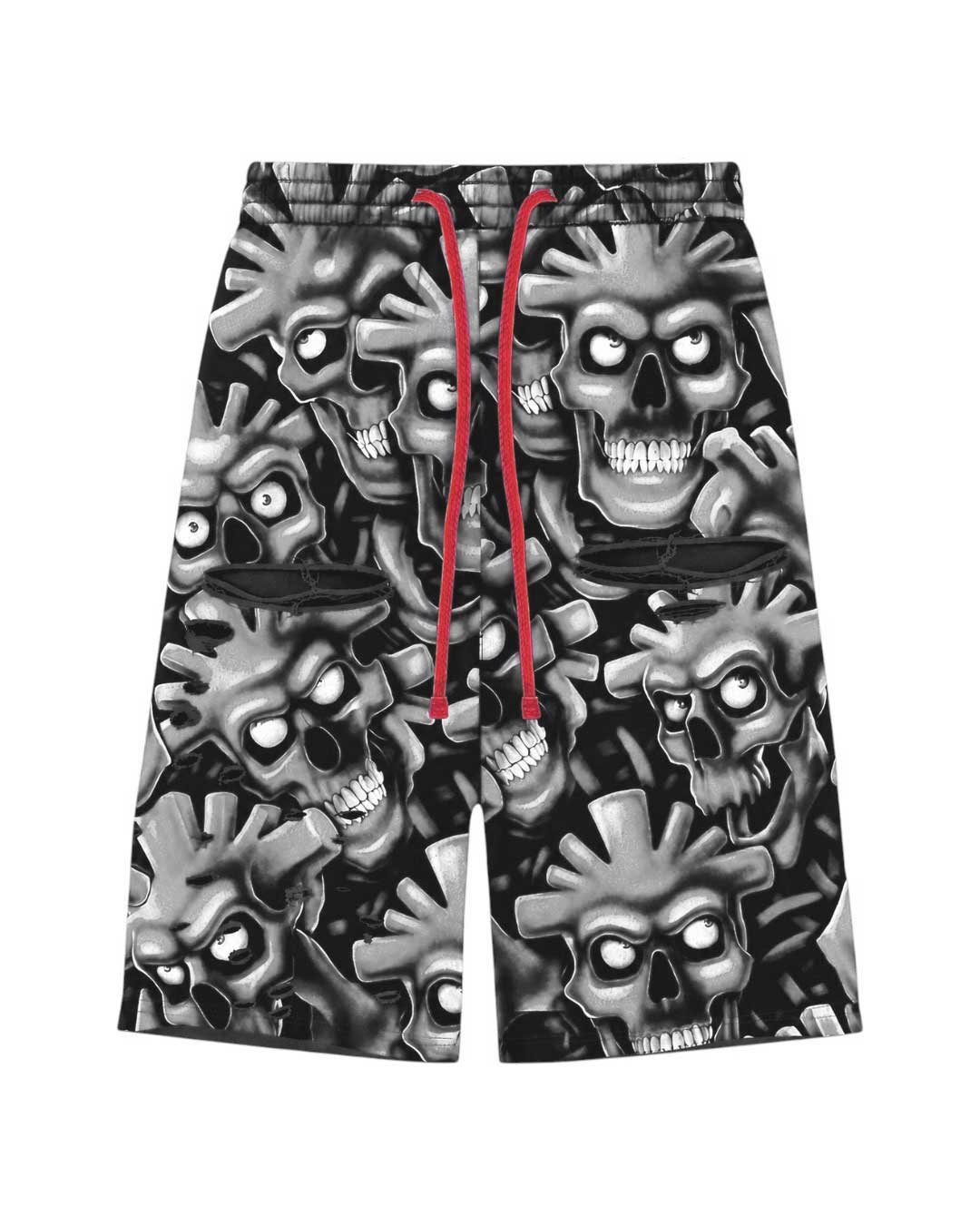 Vertabrae Grey Skull 3/4 Shorts, all-over greyscale cartoon skull print shorts with red drawcord, front view