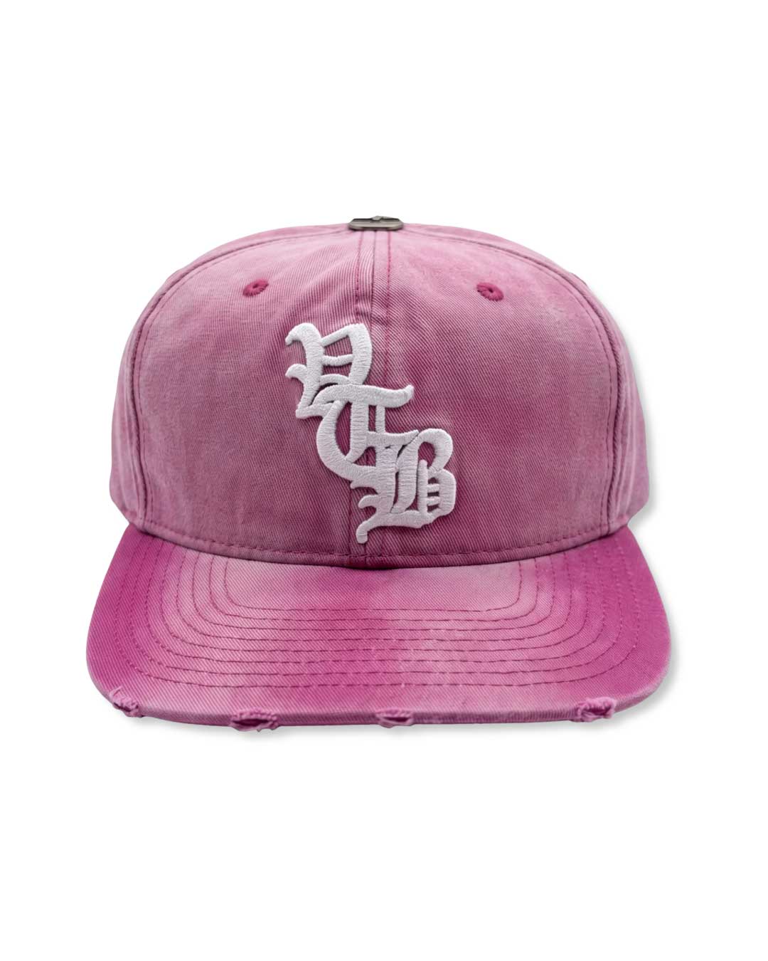 Vertabrae Pink Snapback, washed pink twill cap with white old-English embroidered monogram and distressed brim, front view