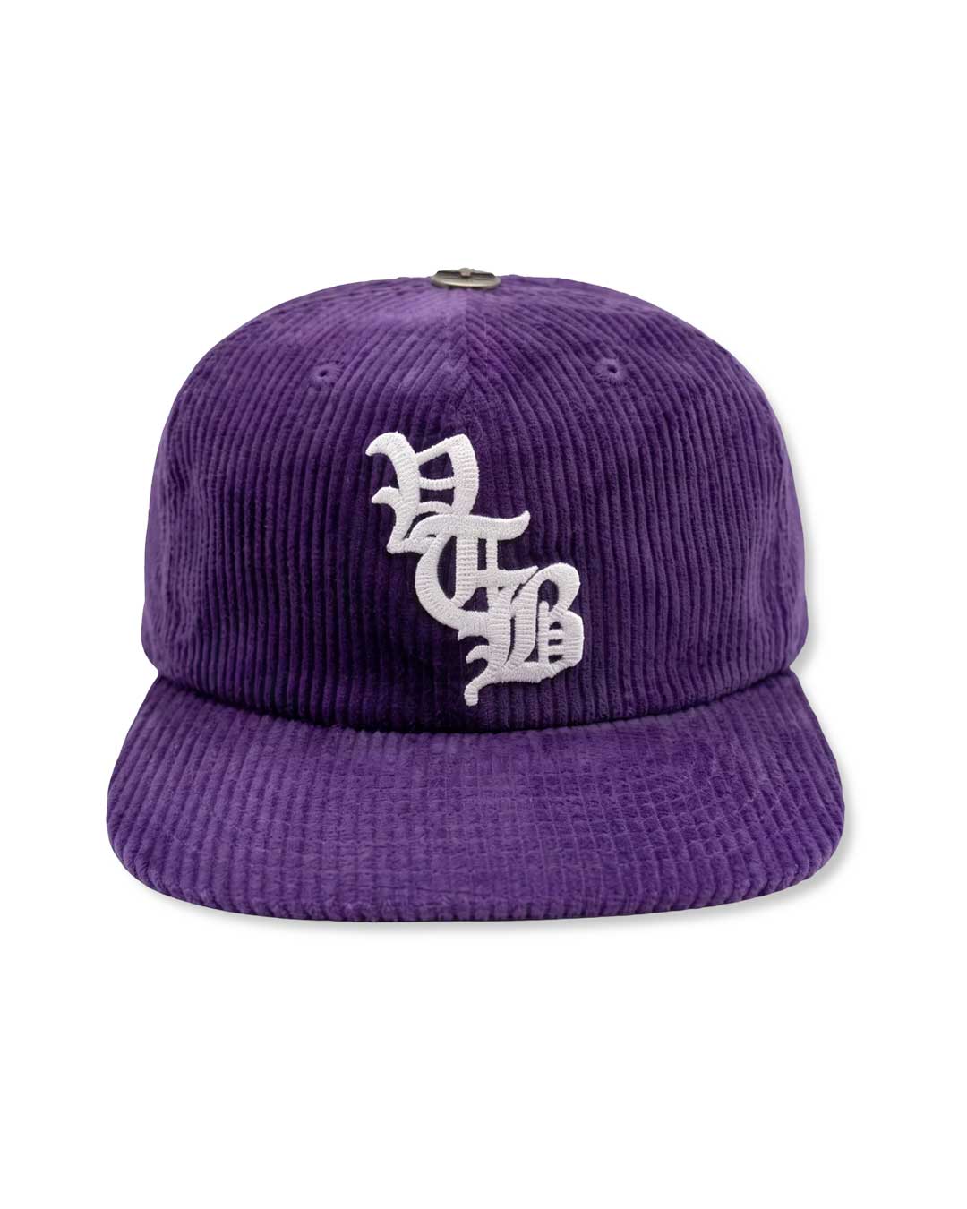 Vertabrae Purple Corduroy Snapback, purple wide-wale corduroy cap with white old-English embroidered monogram, front view