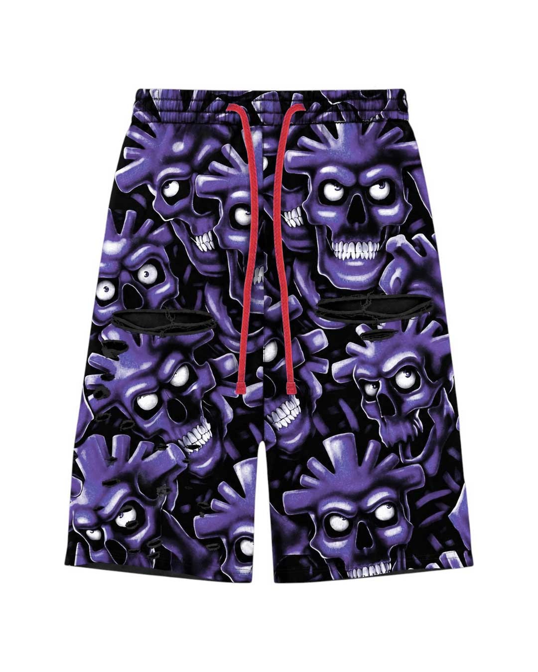 Vertabrae Purple Skull 3/4 Shorts, all-over purple cartoon skull print shorts with red drawcord, front view