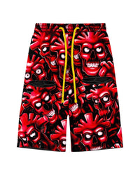 Vertabrae Red Skull 3/4 Shorts, all-over red cartoon skull print shorts with yellow drawcord, front view