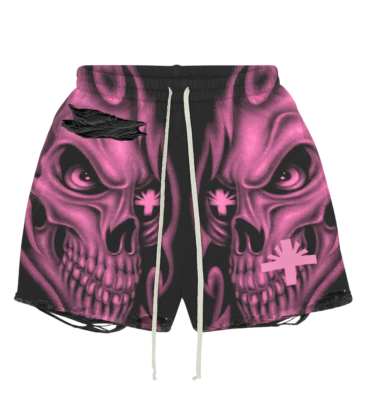 Vertabrae Skull Storm Distressed Shorts Black/Pink