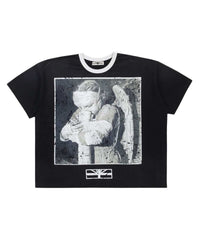 Vertabrae Vross Pain Tee Black, black ringer tee with a bandaged figure and stone angel photo print, front view
