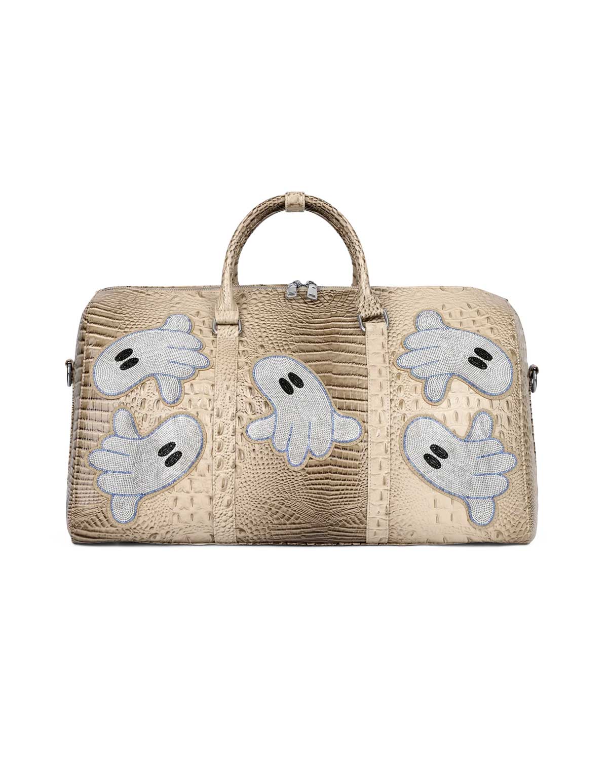 WNTD Alligator Ghost Gem Duffle Bag tan, croc-embossed duffle with crystal ghost-hand appliqués and twin top handles, front view