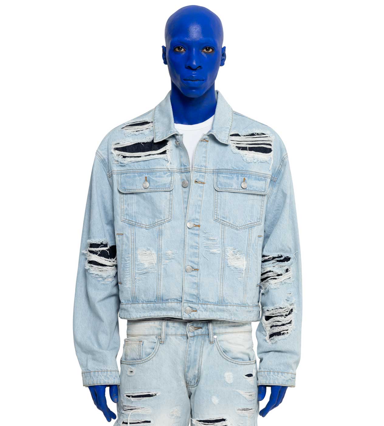 WNTD Distressed Double Denim Jacket Blue