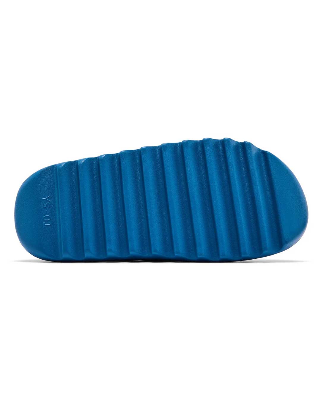 Yeezy YS-01 Slides blue, outsole view showing the ridged tread