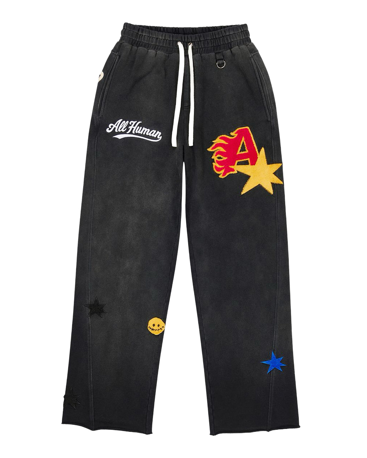 All Human Spit Fire V2 Sweatsuit black wash, wide-leg sweatpants front with flame A and star patches