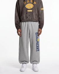 A model wearing a dark brown cropped hoodie with yellow varsity graphics and gray sweatpants featuring a vertical navy and yellow 'RASPBERRY' logo, paired with white sneakers, against a plain white background.