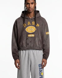 A model wearing a dark brown washed cropped hoodie with yellow varsity-style graphics reading 'RASP 150' and '46', paired with light gray sweatpants, against a plain white background.