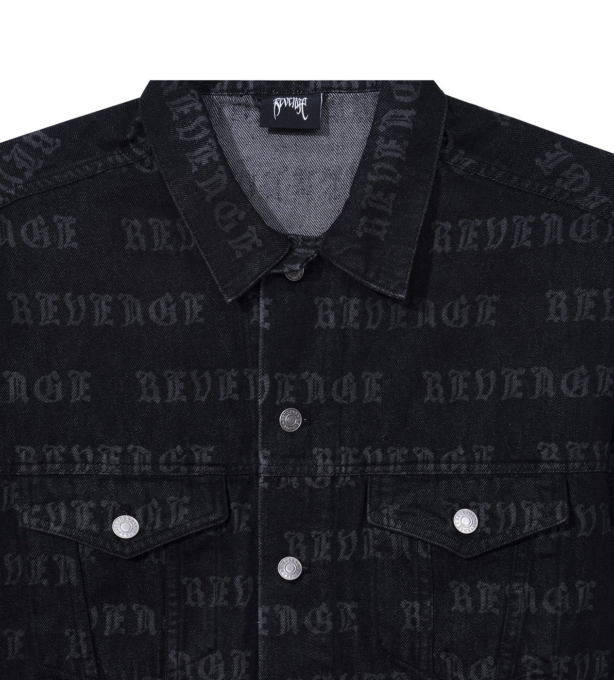 Revenge All Over Logo Denim Jacket Black neck view