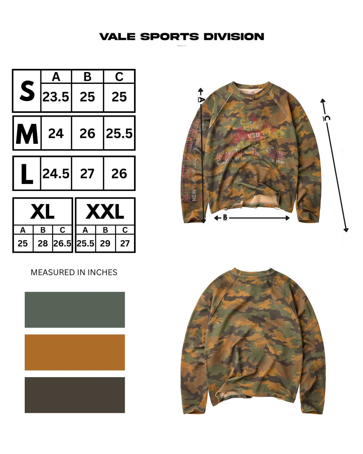 Vale Forever Boy Scout Thermal L/S Tee camo, size chart with front and back measurements