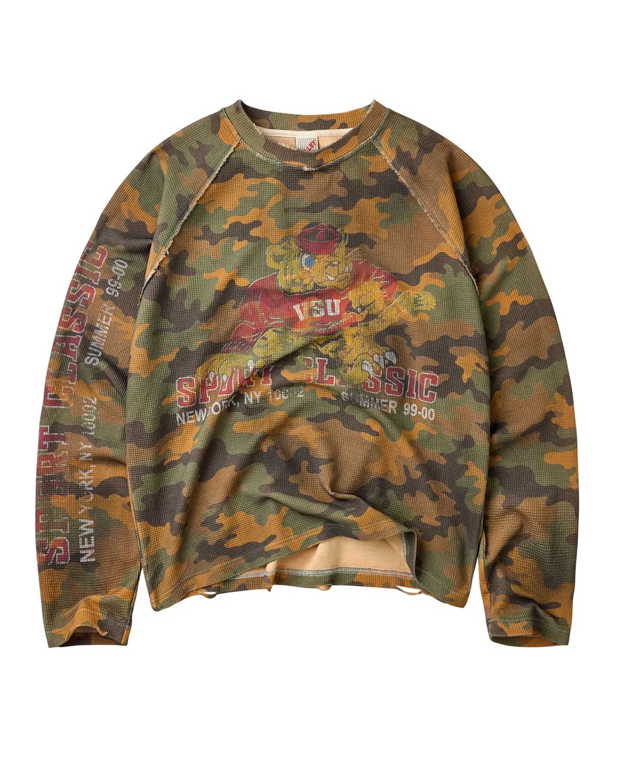 Vale Forever Boy Scout Thermal L/S Tee camo, long-sleeve crewneck with red chest and sleeve graphic, front view